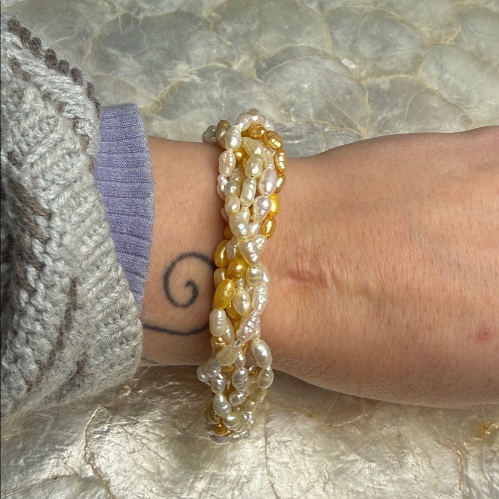 6 strand Yellow and white rice pearl bracelet